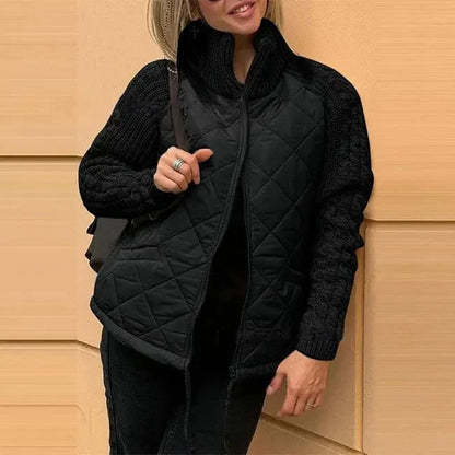 Quilted Knit Winter Jacket - Stand Collar Zip Women's Jacket