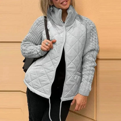 Quilted Knit Winter Jacket - Stand Collar Zip Women's Jacket