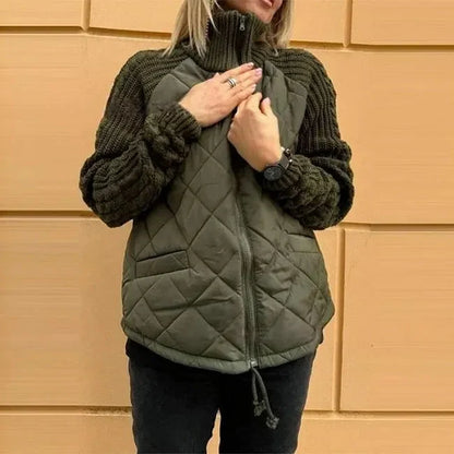 Quilted Knit Winter Jacket - Stand Collar Zip Women's Jacket