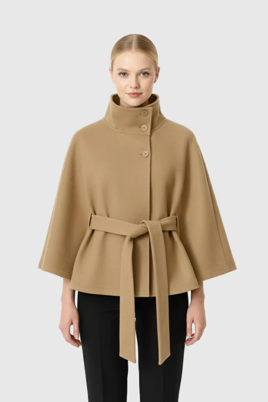 Women’s Wool Cape Coat - High Neck Belted Winter Coat