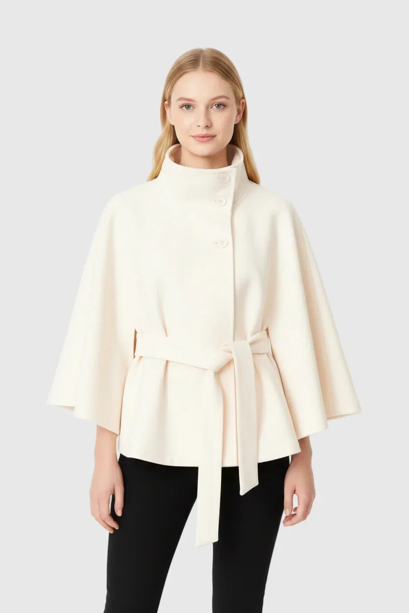 Women’s Wool Cape Coat - High Neck Belted Winter Coat