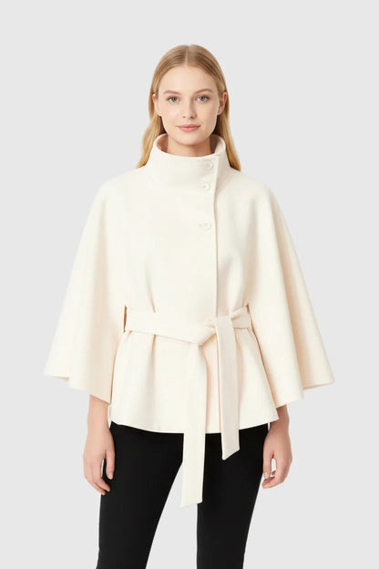 Women’s Wool Cape Coat - High Neck Belted Winter Coat