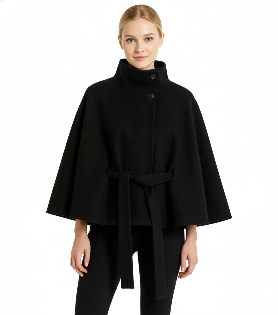 Women’s Wool Cape Coat - High Neck Belted Winter Coat