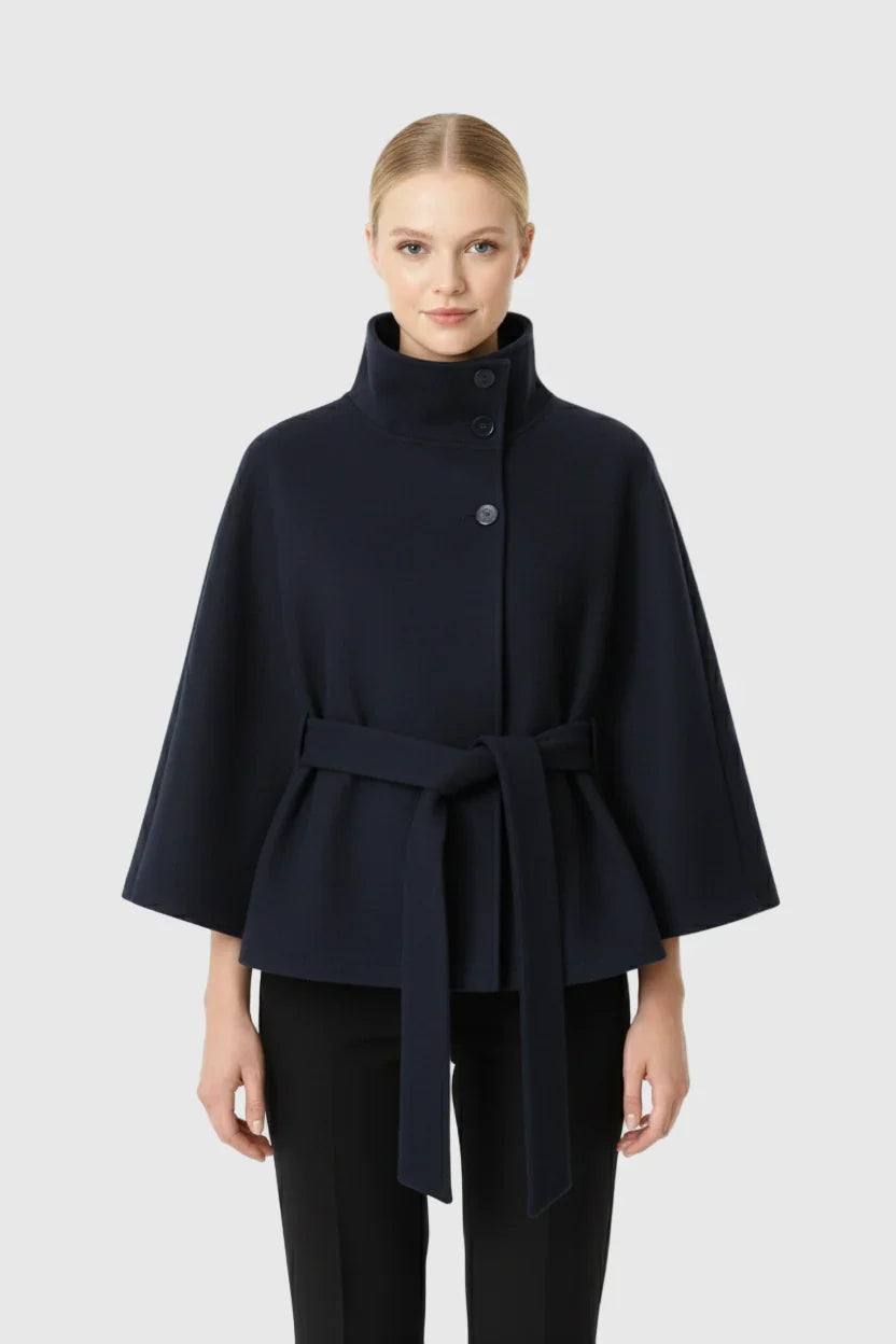 Women’s Wool Cape Coat - High Neck Belted Winter Coat