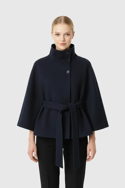 Women’s Wool Cape Coat - High Neck Belted Winter Coat