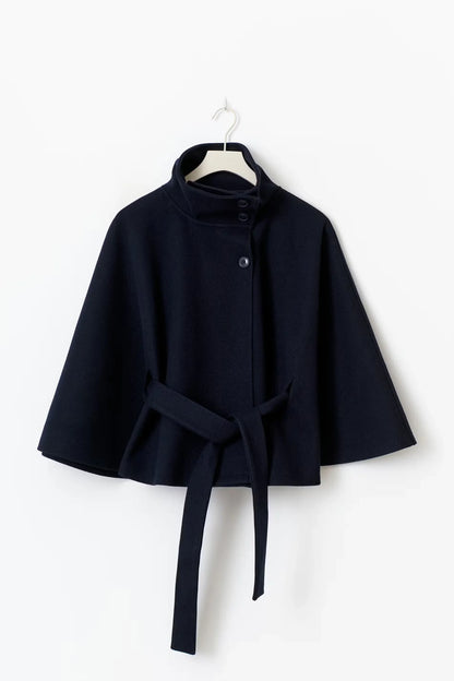 Women’s Wool Cape Coat - High Neck Belted Winter Coat