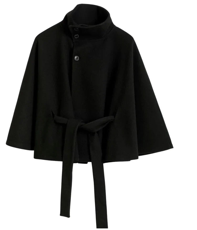 Women’s Wool Cape Coat - High Neck Belted Winter Coat