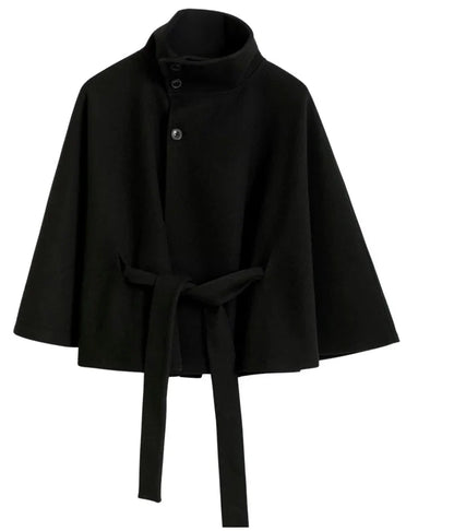 Women’s Wool Cape Coat - High Neck Belted Winter Coat