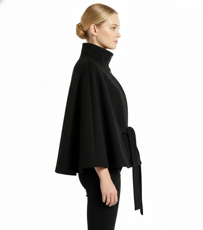 Women’s Wool Cape Coat - High Neck Belted Winter Coat