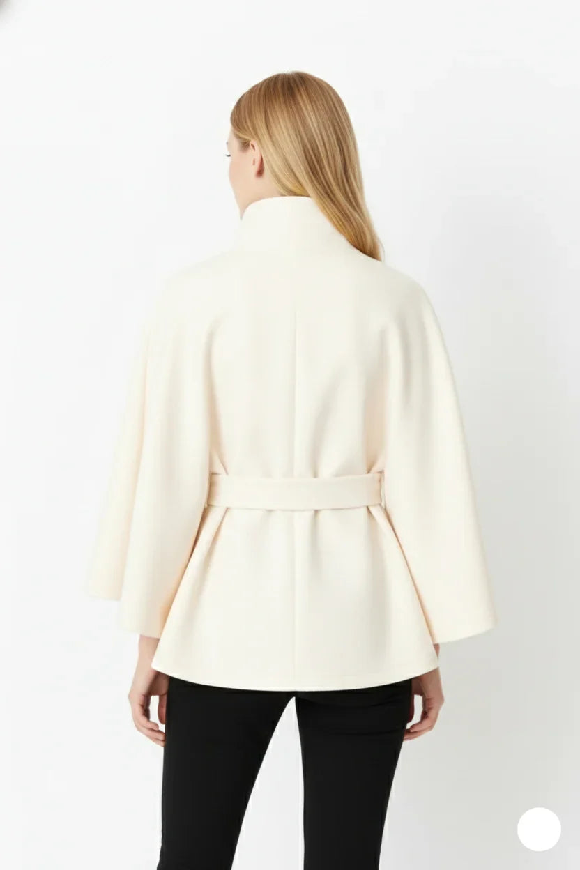Women’s Wool Cape Coat - High Neck Belted Winter Coat