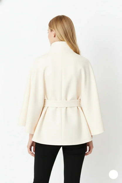 Women’s Wool Cape Coat - High Neck Belted Winter Coat