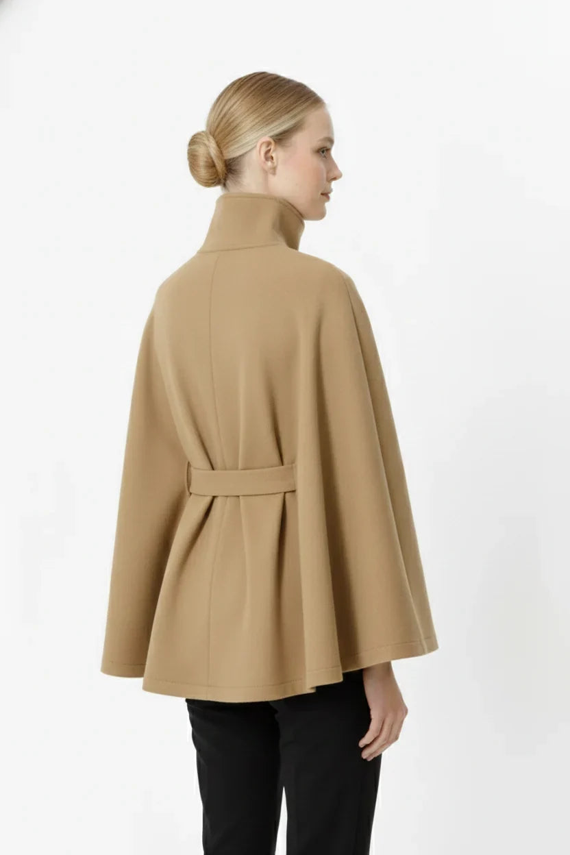Women’s Wool Cape Coat - High Neck Belted Winter Coat