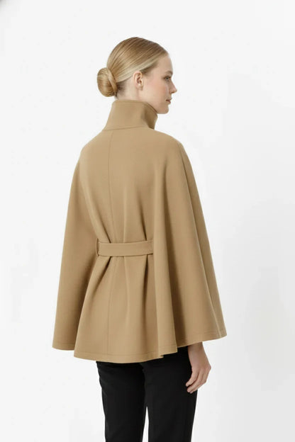 Women’s Wool Cape Coat - High Neck Belted Winter Coat