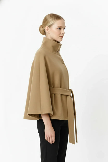Women’s Wool Cape Coat - High Neck Belted Winter Coat
