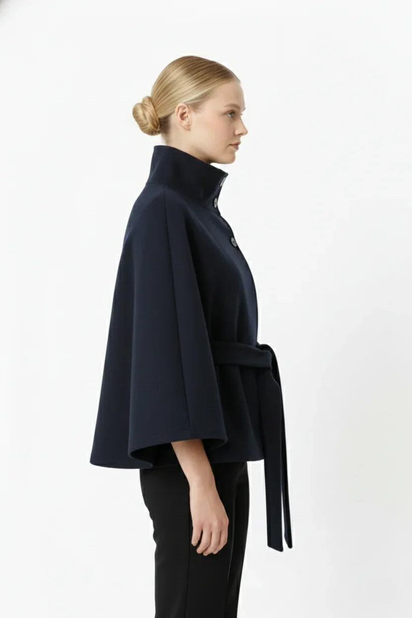 Women’s Wool Cape Coat - High Neck Belted Winter Coat