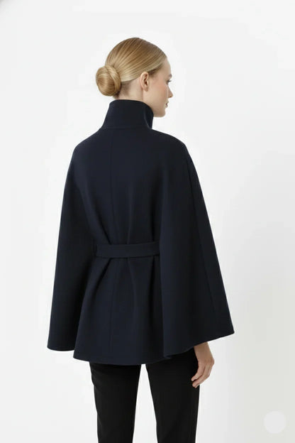 Women’s Wool Cape Coat - High Neck Belted Winter Coat