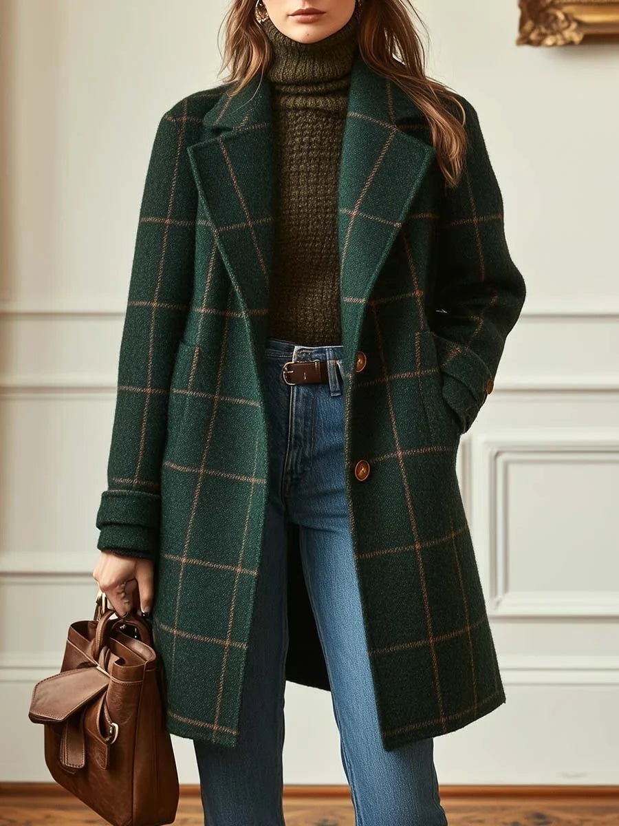 Women’s Wool Coat - Plaid Lapel Single Button Winter Coat