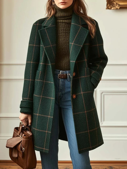 Women’s Wool Coat - Plaid Lapel Single Button Winter Coat