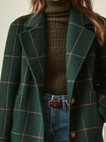 Women’s Wool Coat - Plaid Lapel Single Button Winter Coat