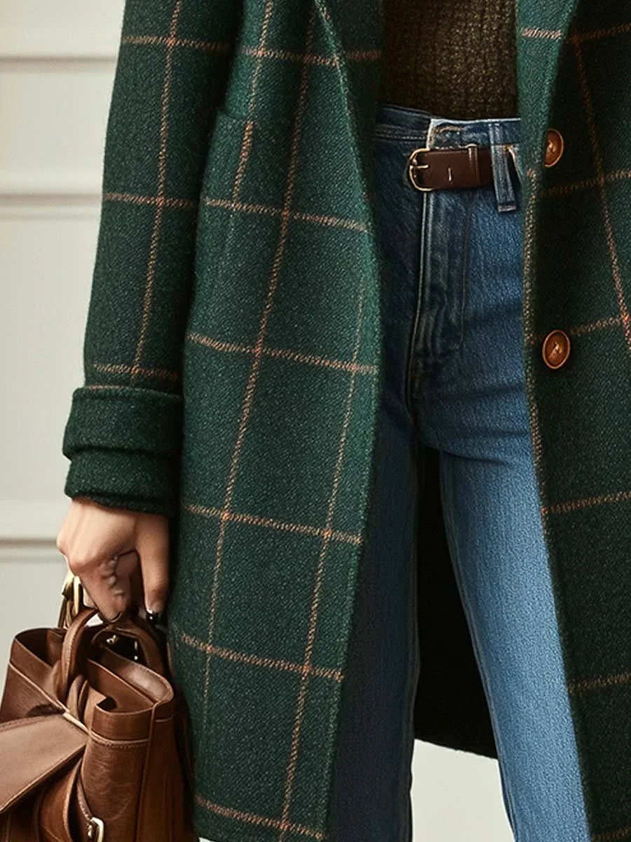 Women’s Wool Coat - Plaid Lapel Single Button Winter Coat