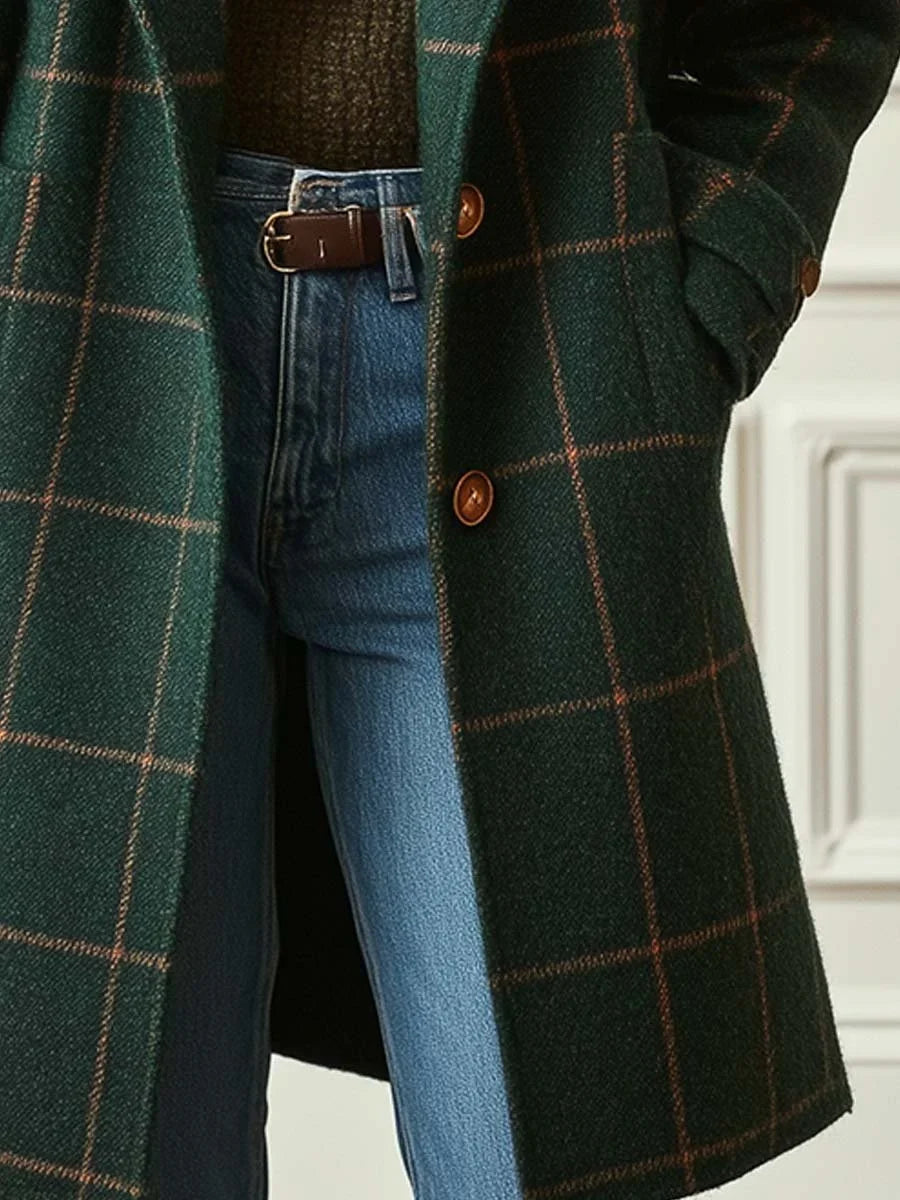Women’s Wool Coat - Plaid Lapel Single Button Winter Coat
