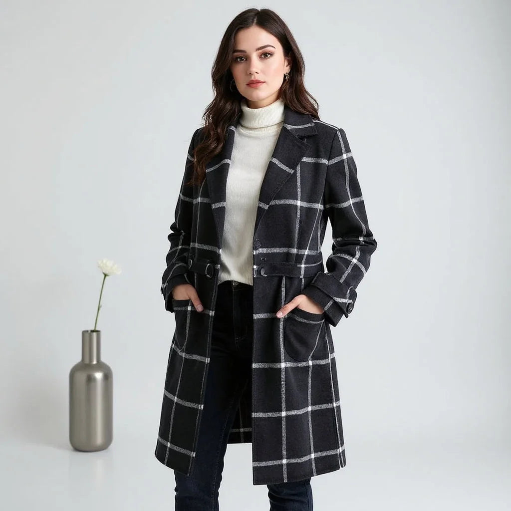 Women’s Wool Coat - Plaid Lapel Single Button Winter Coat
