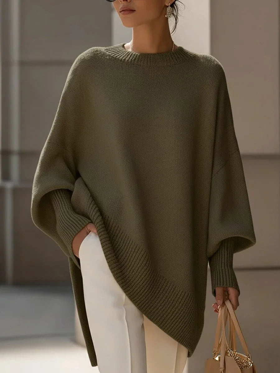 Women's Asymmetric Hem Knit Sweater – Oversized Fit