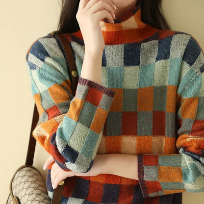 Women's Plaid Wool-Blend Turtleneck Sweater – Long Sleeve