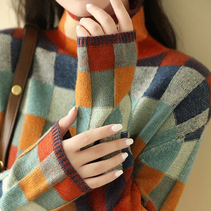 Women's Plaid Wool-Blend Turtleneck Sweater – Long Sleeve