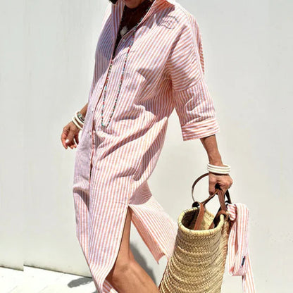 Winsley | Stunning Airy Striped Shirt Summer Dress with Belt and Side Slits