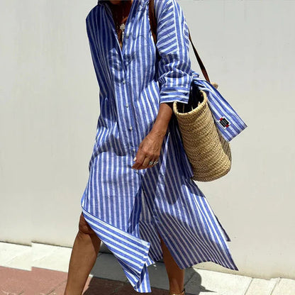 Winsley | Stunning Airy Striped Shirt Summer Dress with Belt and Side Slits