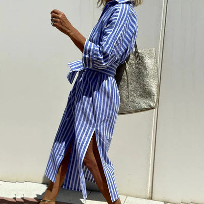 Winsley | Stunning Airy Striped Shirt Summer Dress with Belt and Side Slits