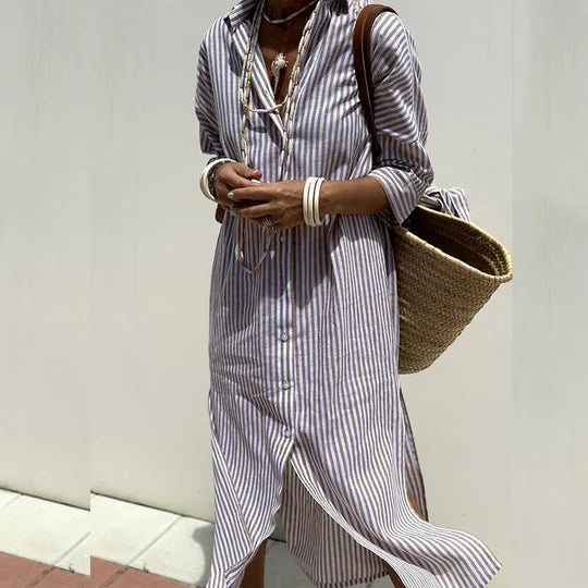 Winsley | Stunning Airy Striped Shirt Summer Dress with Belt and Side Slits