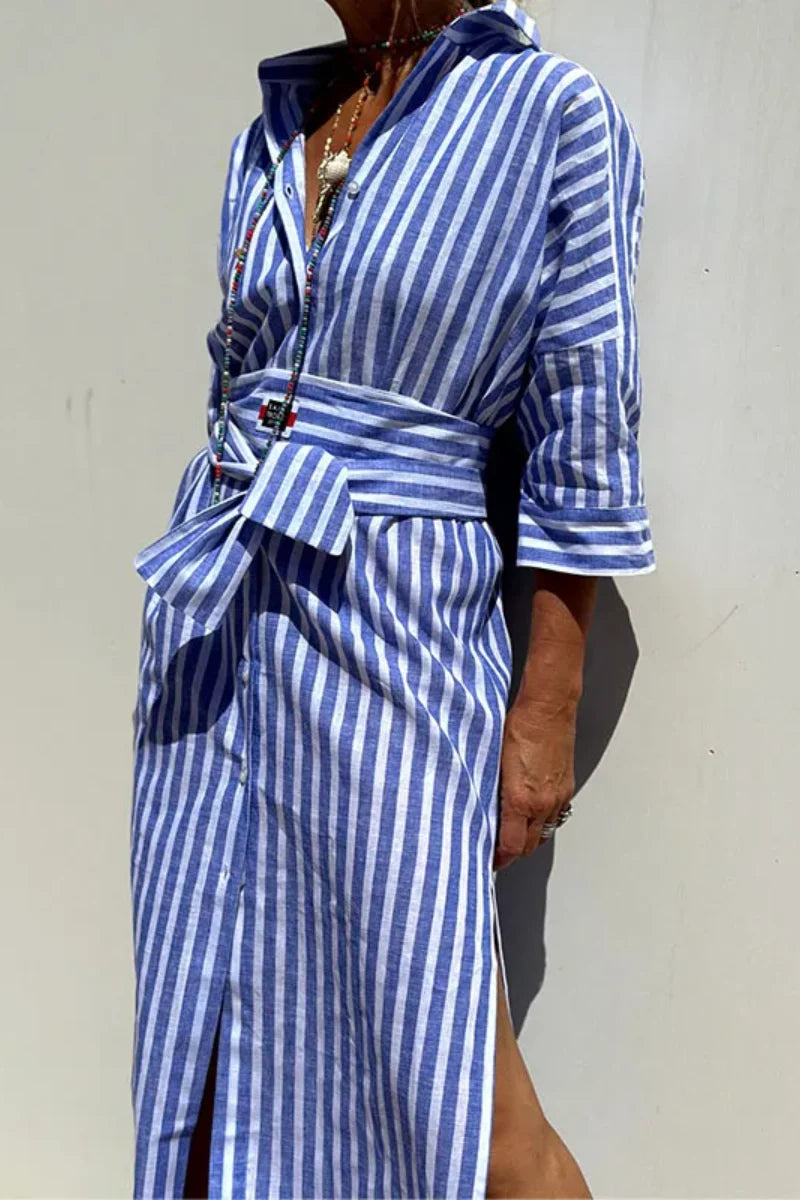 Winsley | Stunning Airy Striped Shirt Summer Dress with Belt and Side Slits