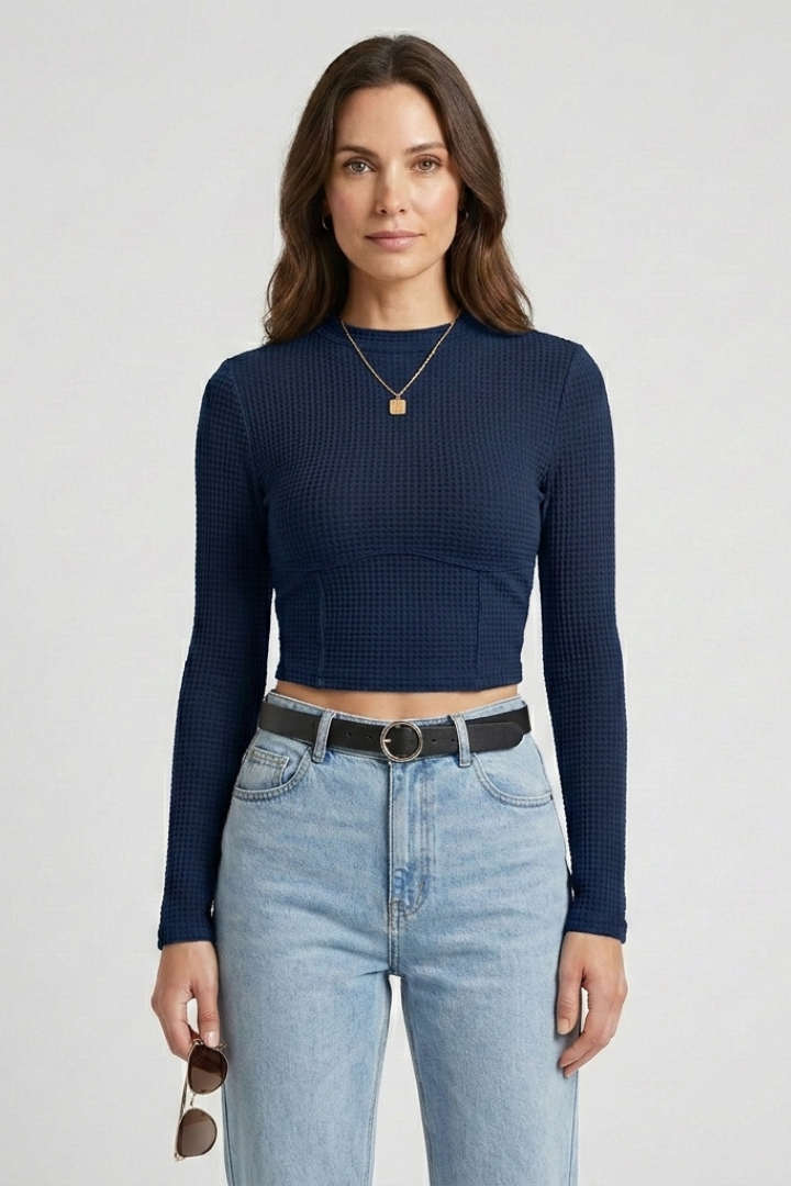 Valeen | Women's Long Sleeve Crop Top with High Round Neckline and Fitted Style