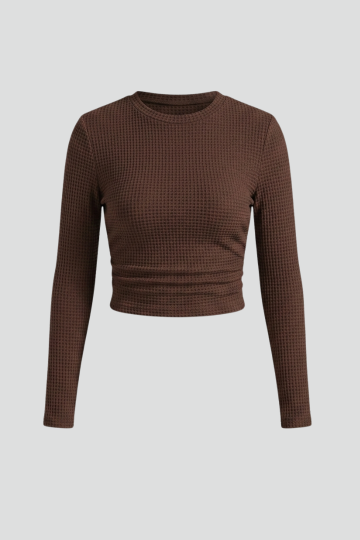 Valeen | Women's Long Sleeve Crop Top with High Round Neckline and Fitted Style