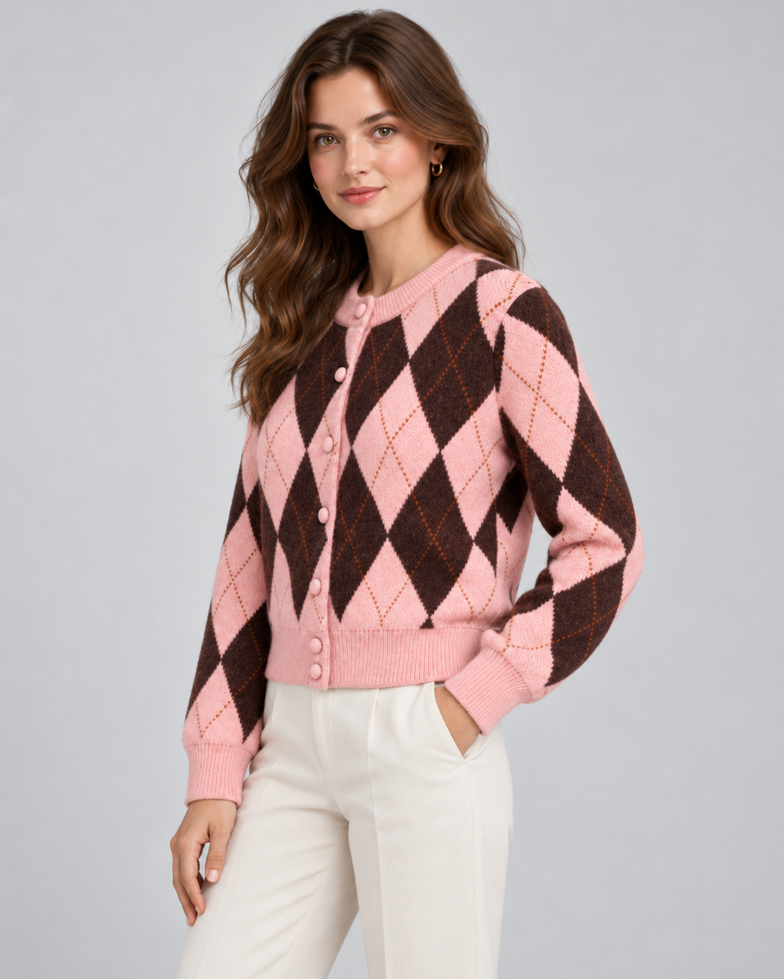 Women's Argyle Cardigan - Cropped Button Front Knit