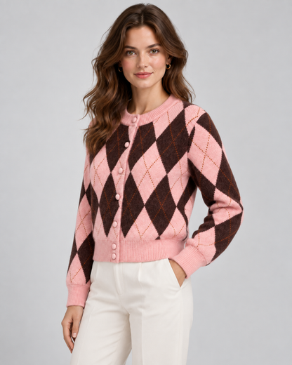 Women's Argyle Cardigan - Cropped Button Front Knit