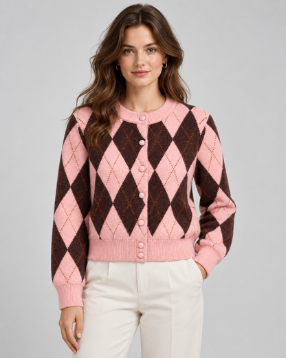 Women's Argyle Cardigan - Cropped Button Front Knit