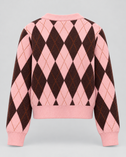 Women's Argyle Cardigan - Cropped Button Front Knit