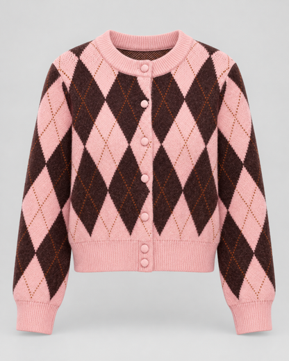 Women's Argyle Cardigan - Cropped Button Front Knit