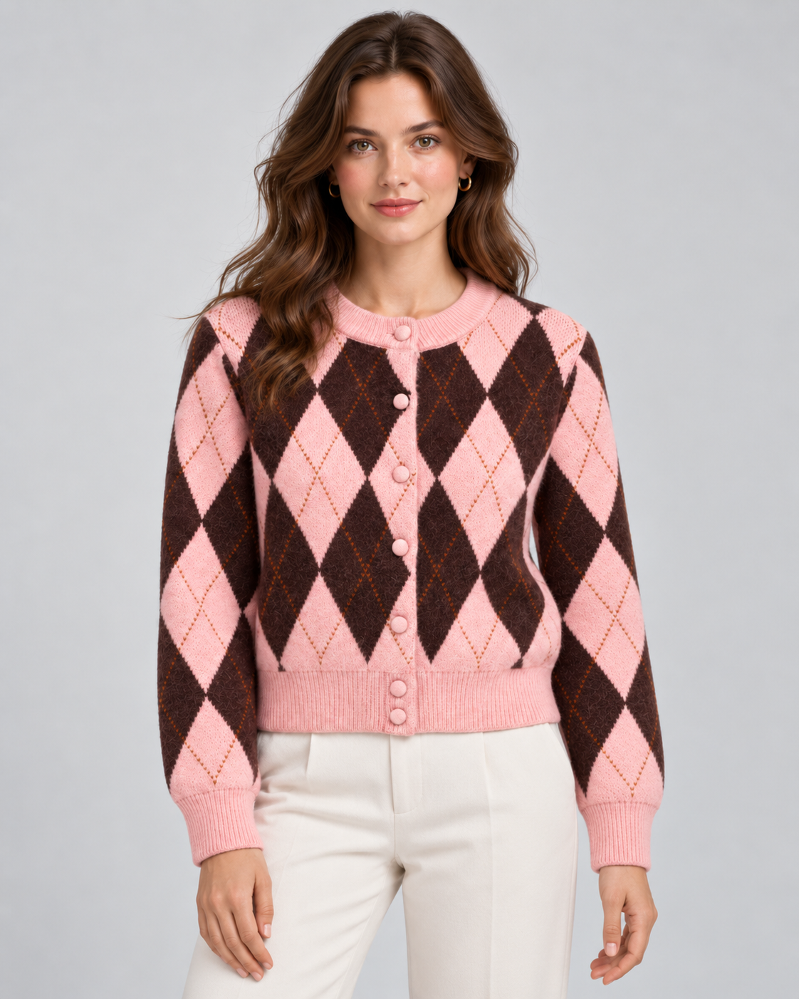 Women's Argyle Cardigan - Cropped Button Front Knit