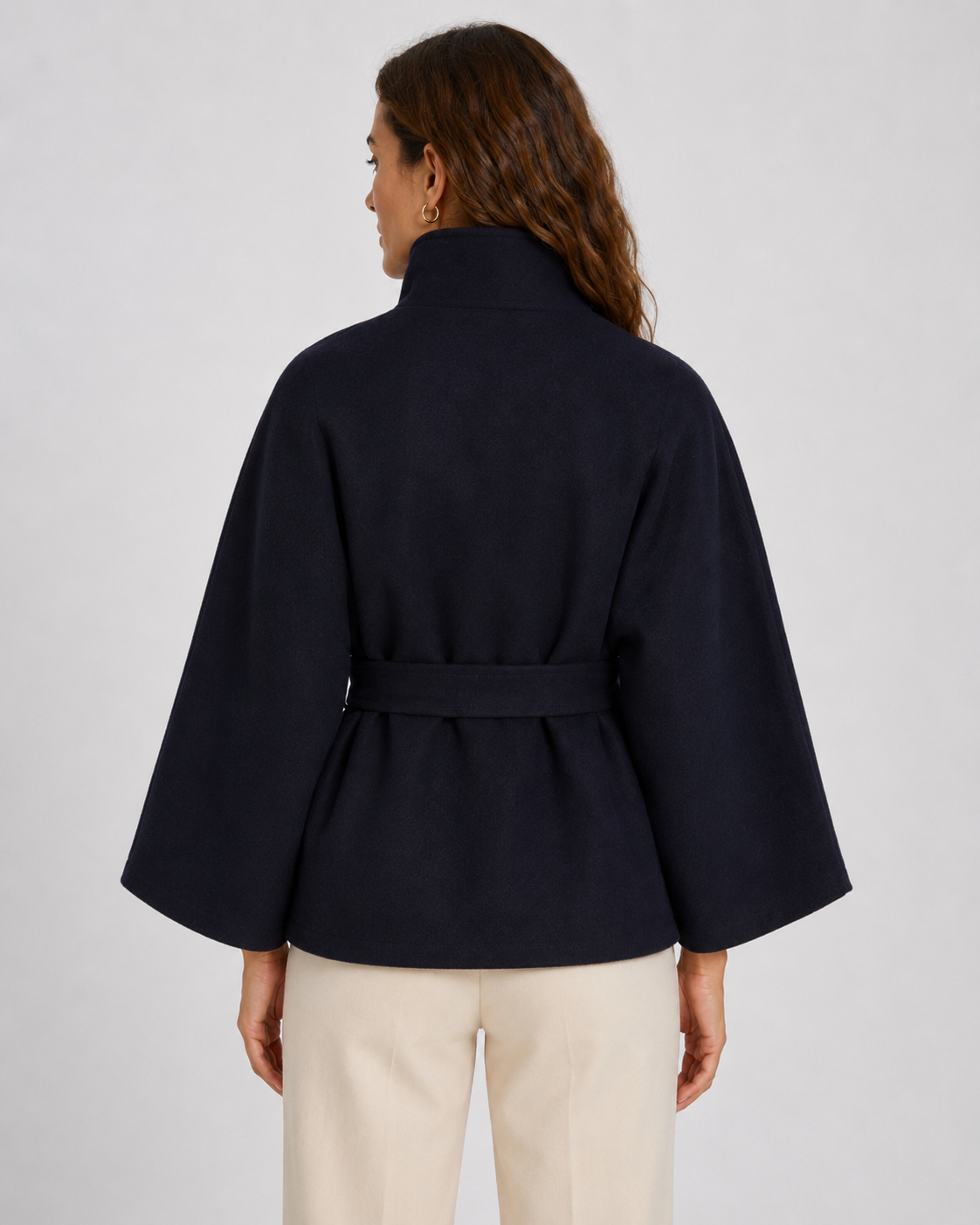 Women's Cape Coat - Belted Funnel Neck Wide Sleeve