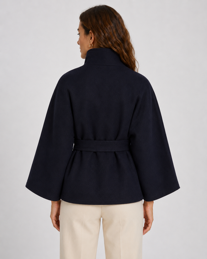 Women's Cape Coat - Belted Funnel Neck Wide Sleeve