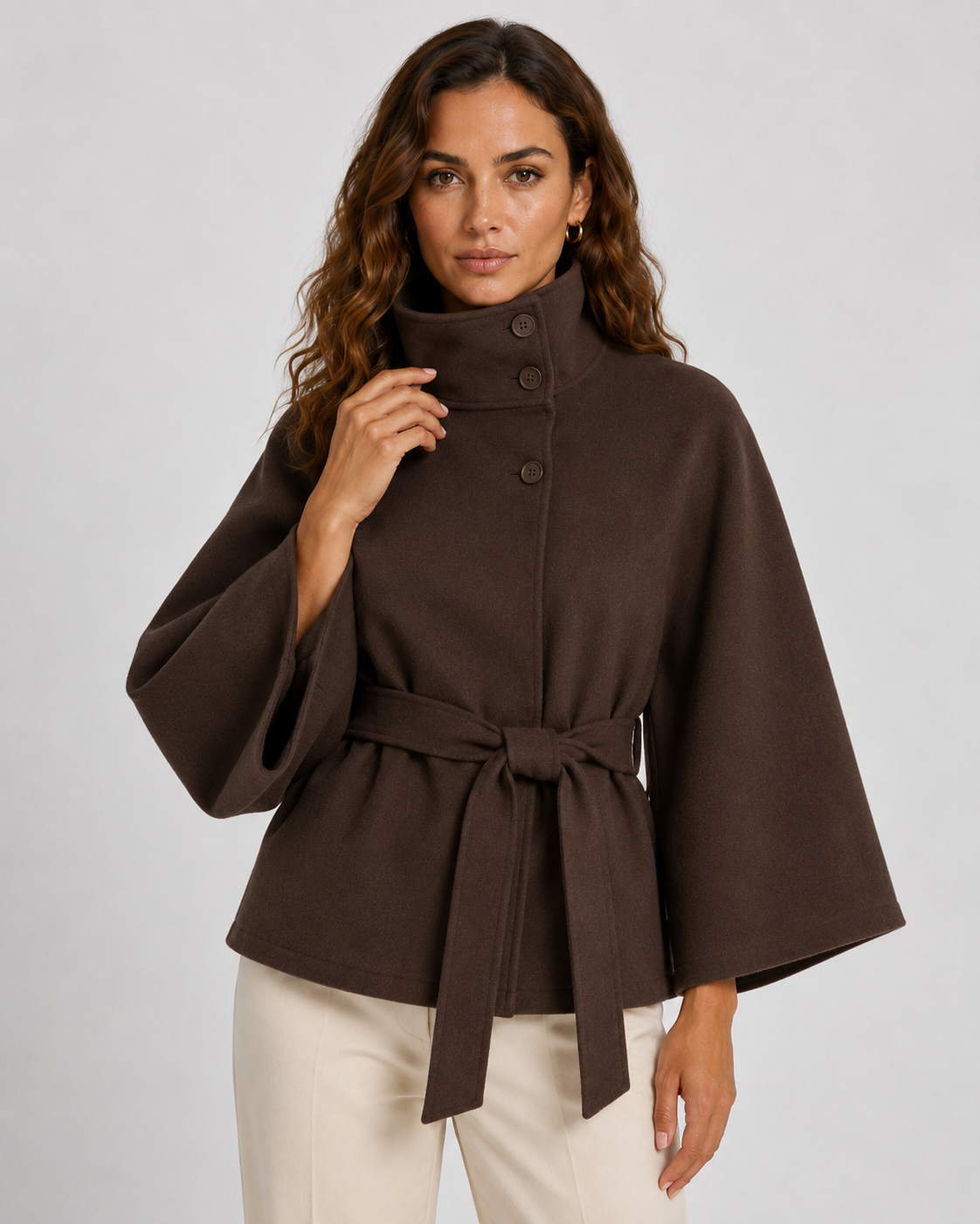 Women's Cape Coat - Belted Funnel Neck Wide Sleeve