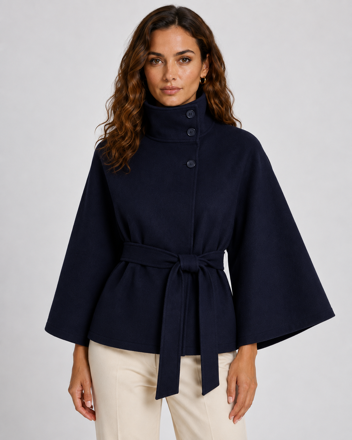 Women's Cape Coat - Belted Funnel Neck Wide Sleeve