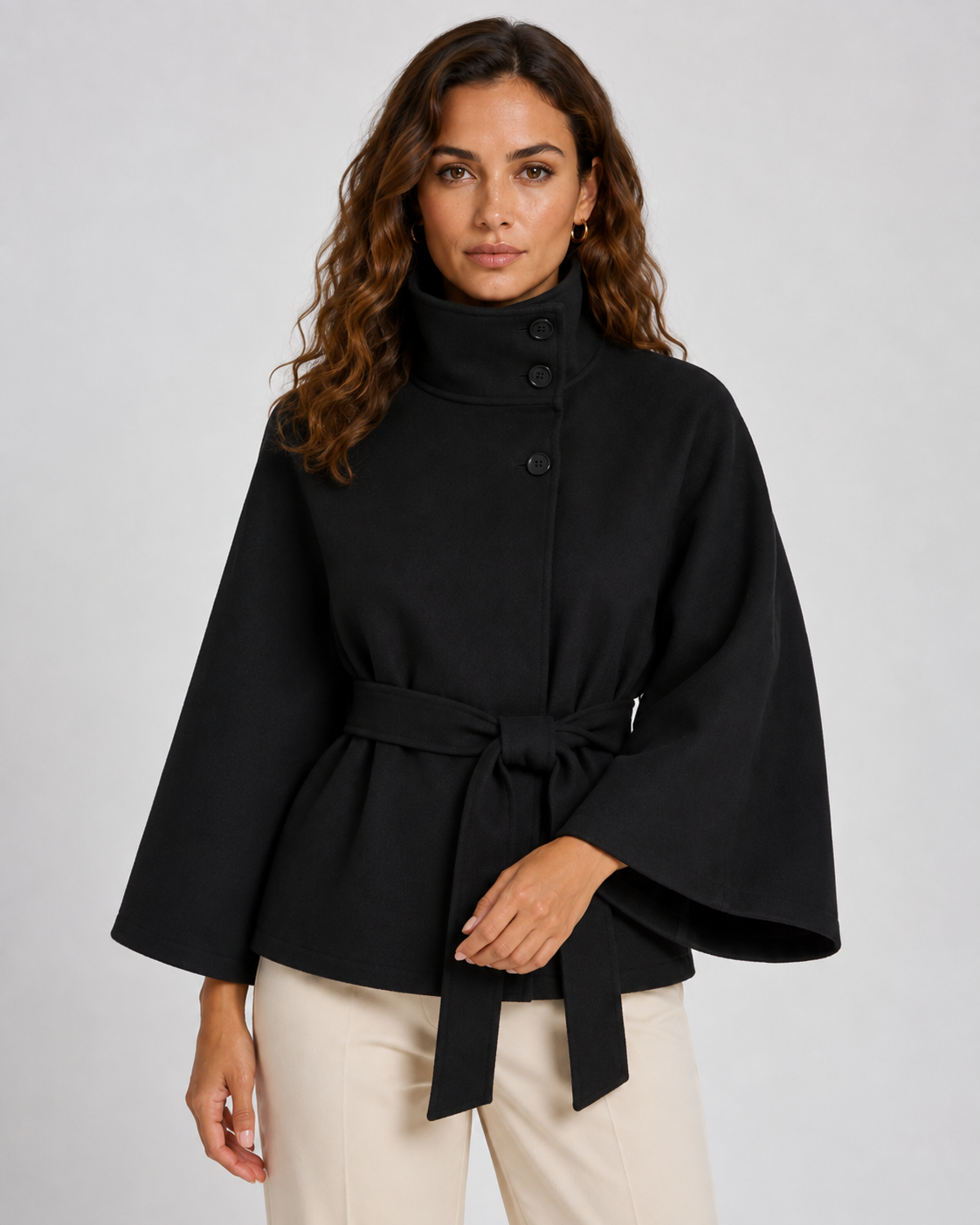 Women's Cape Coat - Belted Funnel Neck Wide Sleeve