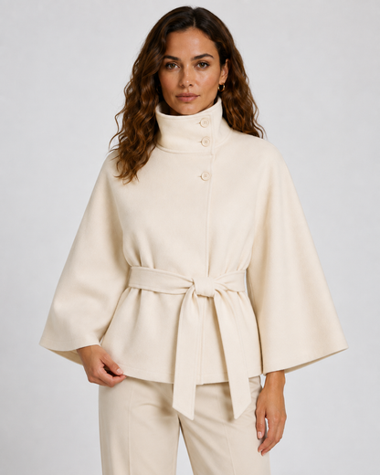 Women's Cape Coat - Belted Funnel Neck Wide Sleeve