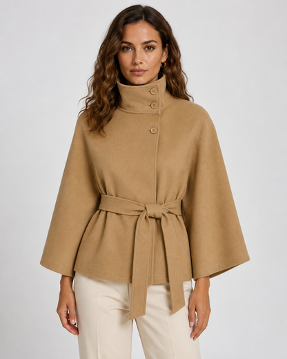 Women's Cape Coat - Belted Funnel Neck Wide Sleeve