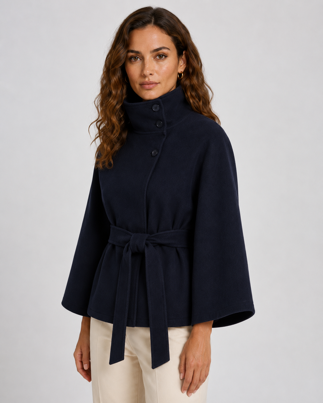 Women's Cape Coat - Belted Funnel Neck Wide Sleeve